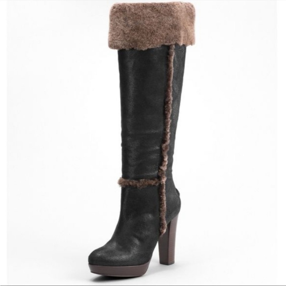 Tory Burch Black and Tan Fur-Trimmed Heeled Boots